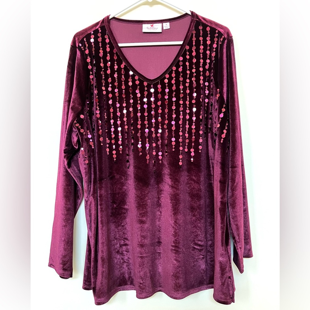Quacker Factory ~ Soft Velour Embellished Top ~ Wine Burgundy Color ~ Size 1X
